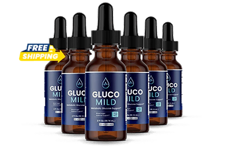 Six bottles of GlucoMild liquid drops with droppers